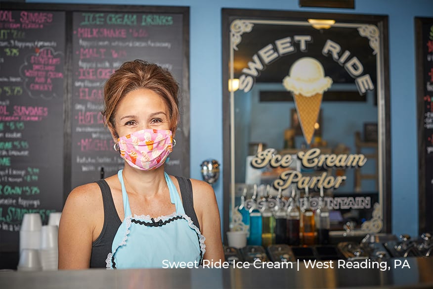 Sweet Ride Ice Cream | West Reading, PA Woman poses in PPE at Sweet Ride Ice Cream in West Reading, PA